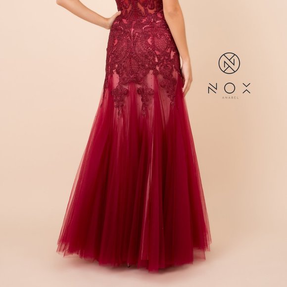 NEW LONG OFF THE SHOULDER SLEEVELESS CHIFFON DRESS EMBROIDERED WITH LACE NX J325 - Picture 8 of 8